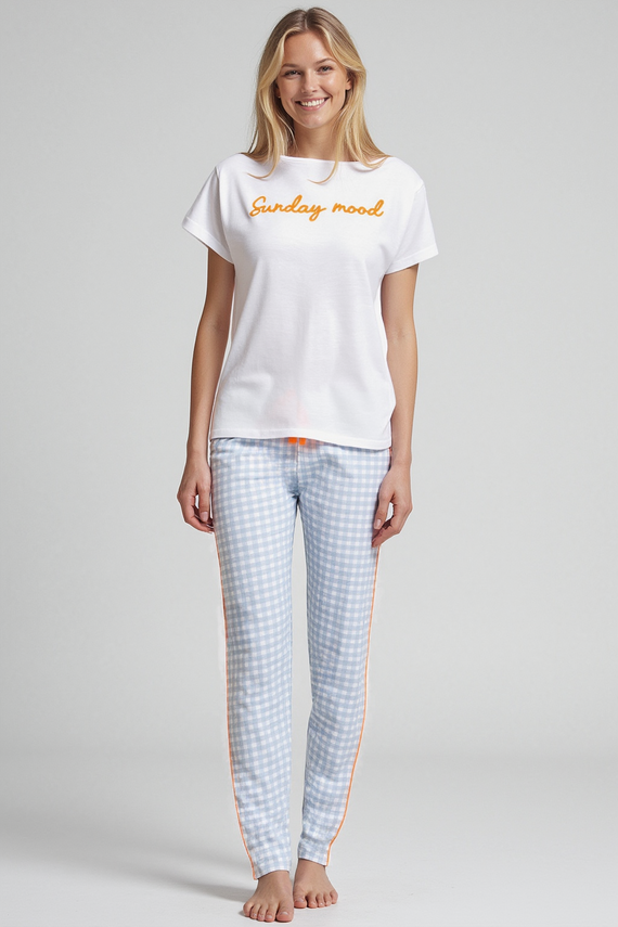 Dana Sorbetto Damen-Pyjama blau – 100 % Baumwolle, kurze Ärmel, karierte Hose, Set