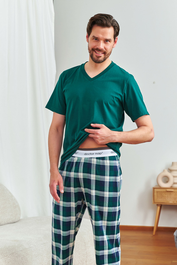 Doctor Nap 7368 – Herren-Baumwollpyjama mit V-Ausschnitt-T-Shirt | 100 % Baumwolle, polnische Produktion – Smaragd