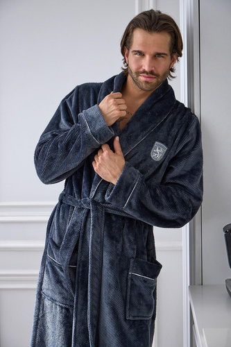 L&L 2661 Eleganter Herrenbademantel Klassischer Kimono-Kragen Weich Graphit