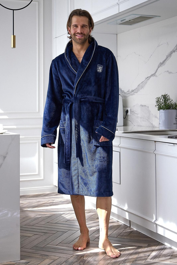 L&L 2661 Eleganter Herrenbademantel Klassischer Kimono-Kragen Weich Dunkelblau