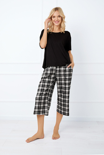Klara Damen Schlafanzug kurzarm, 7/8 Hose Italian Fashion - schwarz/print