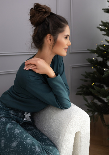 Sensis Damen-Pyjama „June“, Grün – Baumwollpyjama mit langen Ärmeln und gemusterter Hose