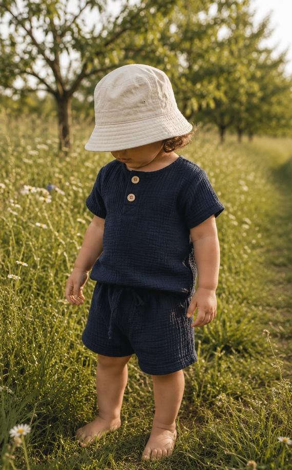 BL55105 Mamatti marineblaue Musselin Polo-Bluse mit kurzen Ärmeln und Knöpfen