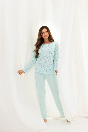 717 Regina Damen-Pyjama, grün – warme Baumwolle, lange Ärmel, Blumen