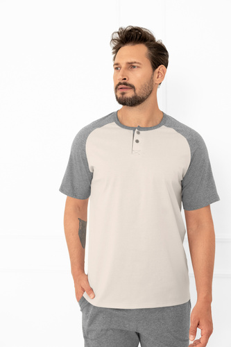 Alexander Italian Fashion Herren Schlafanzug beige - Baumwolle, Poloshirt und Hose