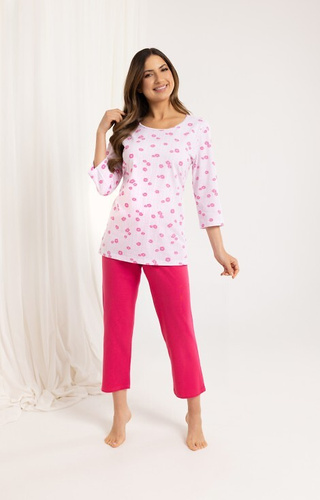 720 Regina Damen-Pyjama, rosa – Baumwolle, 3/4-Ärmel, 7/8-Hose
