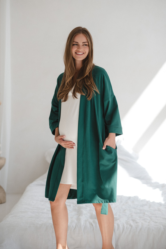 Umstandsbademantel Milk&Love, Flaschengrün – Baumwolle mit Elasthan, bequem, 7/8-Ärmel