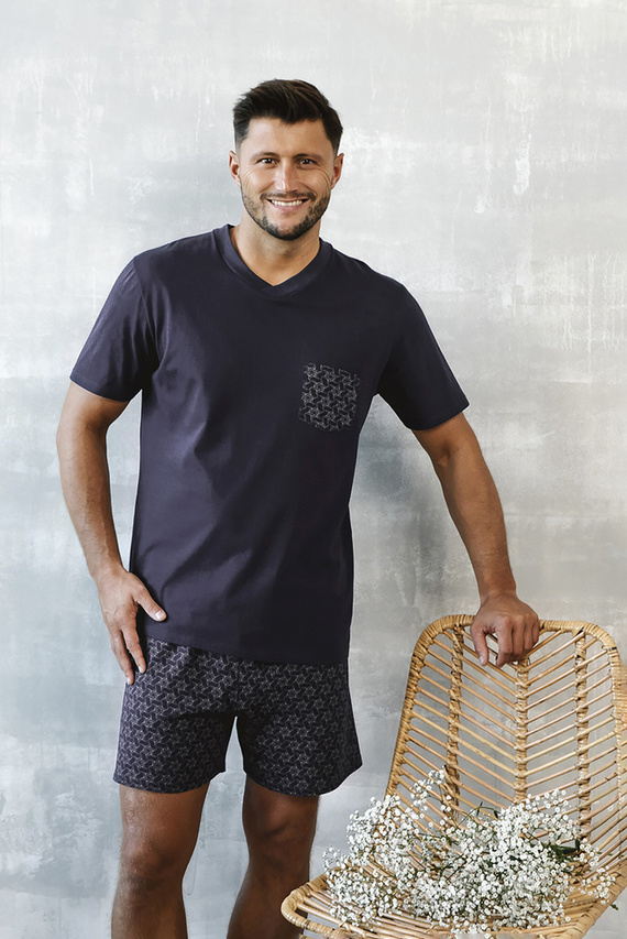 Diaz Herren Schlafanzug mit kurzen Ärmeln, Shorts Italian Fashion - navy blau/print