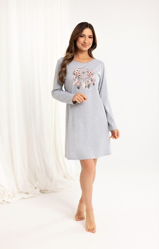 162 Regina-Nachthemd aus Baumwolle, grau – lange Ärmel, bedruckt, oberhalb des Knies
