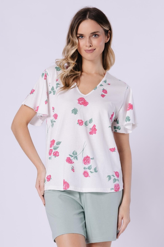 Damenpyjama Vivian Leveza 1725 aus 100 % Baumwolle – Sommerpyjama mit Flügelärmel-Shirt und kurzen Shorts